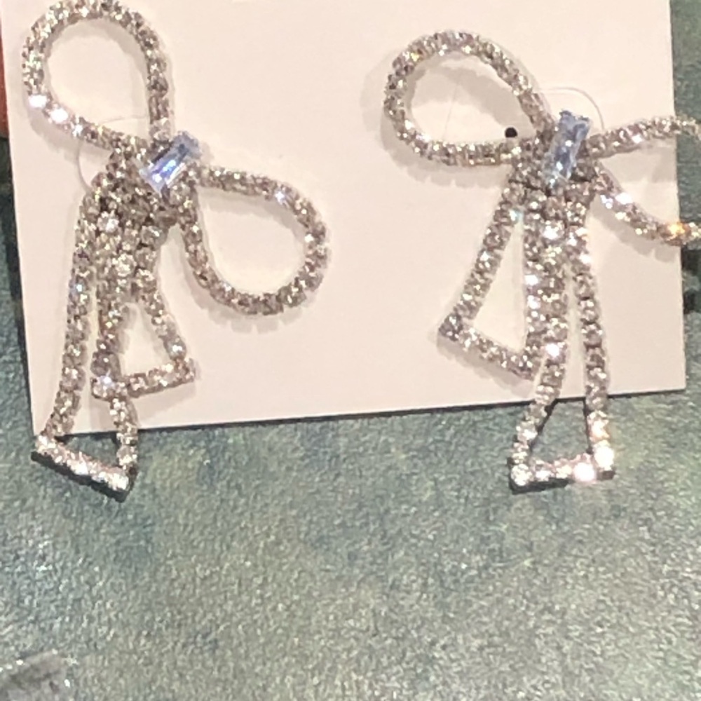 Crystal rhinestone blinged faux diamond oversized bow earrings new‎